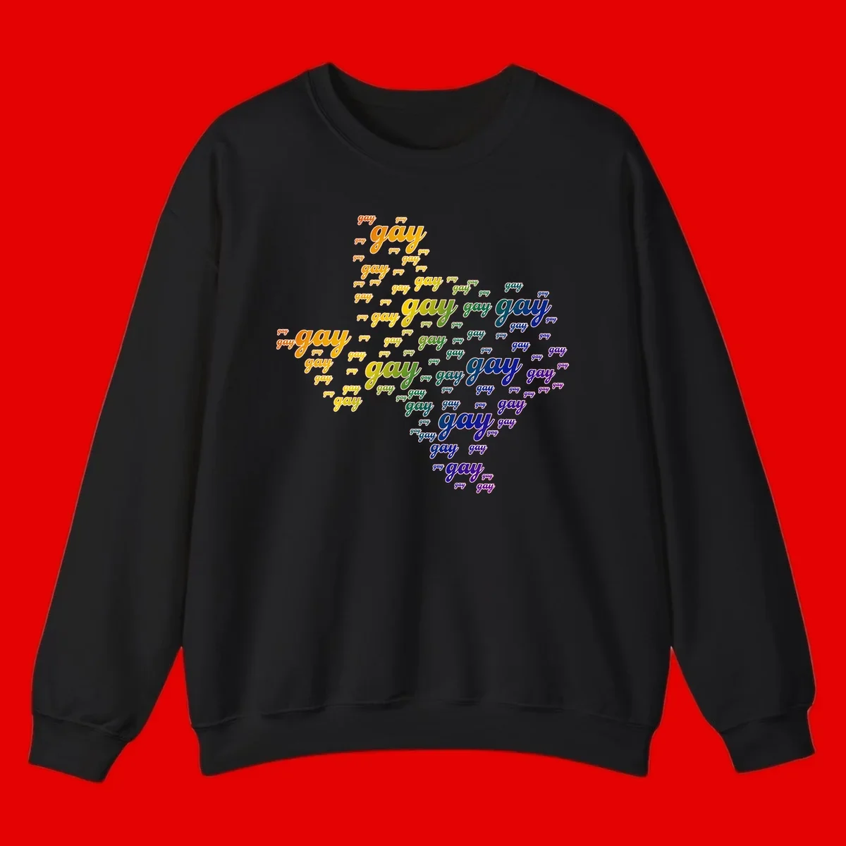 Gay pride word cloud design with 'gay' text repeated in rainbow gradient colors from orange to purple, arranged in a map-like shape