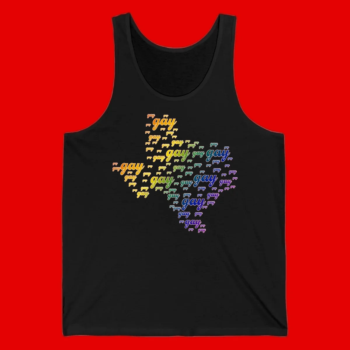 Gay pride word cloud design with 'gay' text repeated in rainbow gradient colors from orange to purple, arranged in a map-like shape