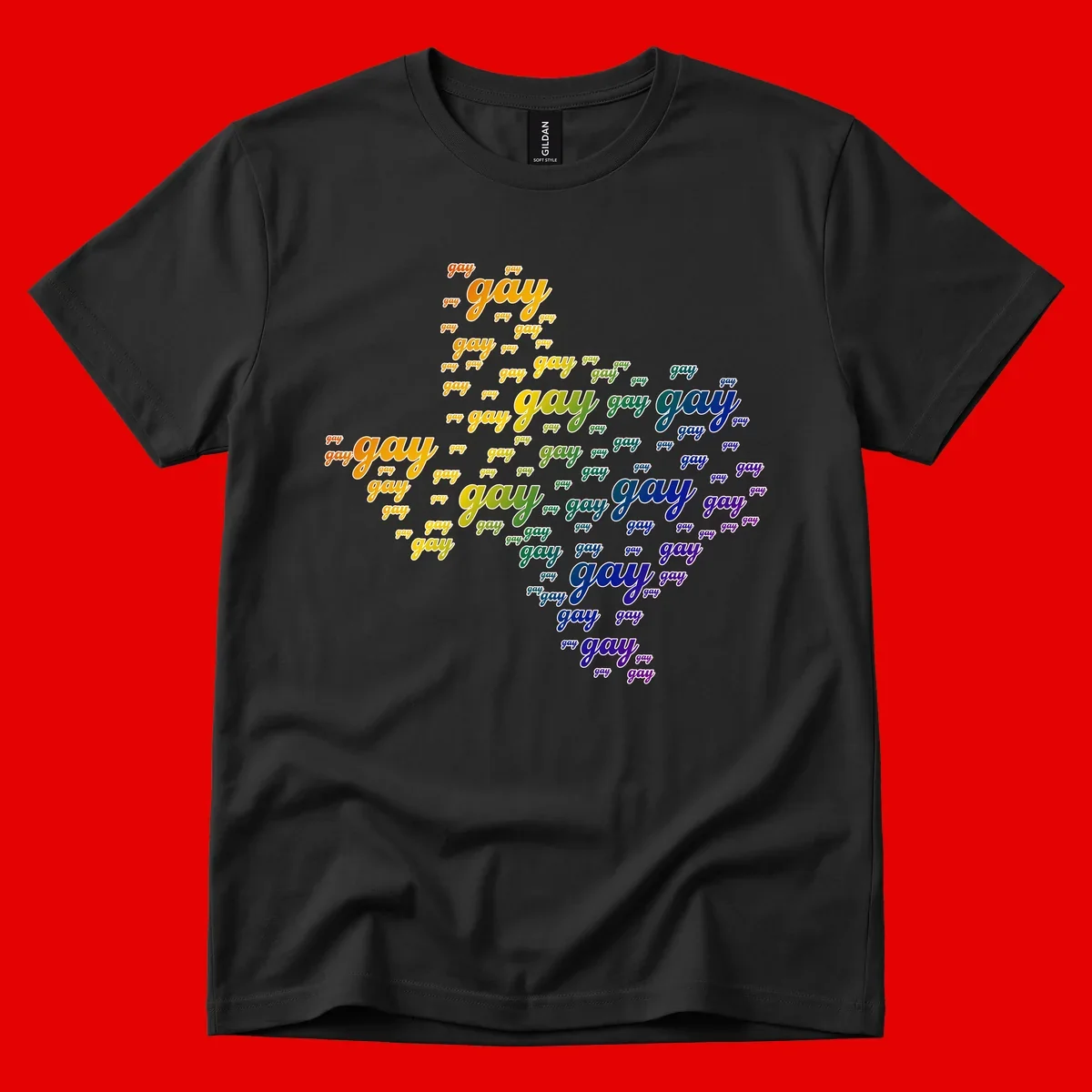 Gay pride word cloud design with 'gay' text repeated in rainbow gradient colors from orange to purple, arranged in a map-like shape
