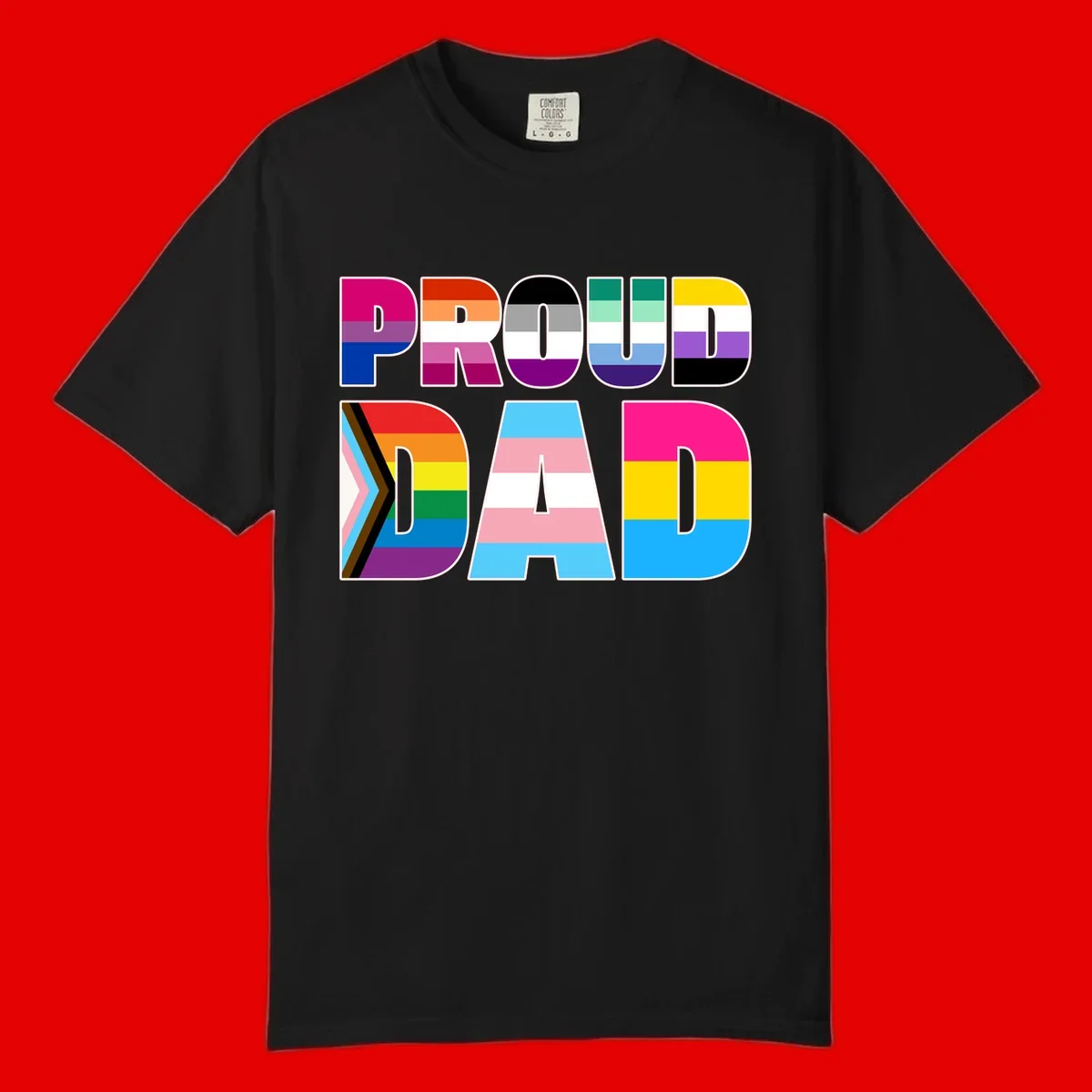 Large colorful letters spelling PROUD DAD filled with LGBTQ+ pride flag stripes including rainbow, trans, intersex, and asexual pride colors