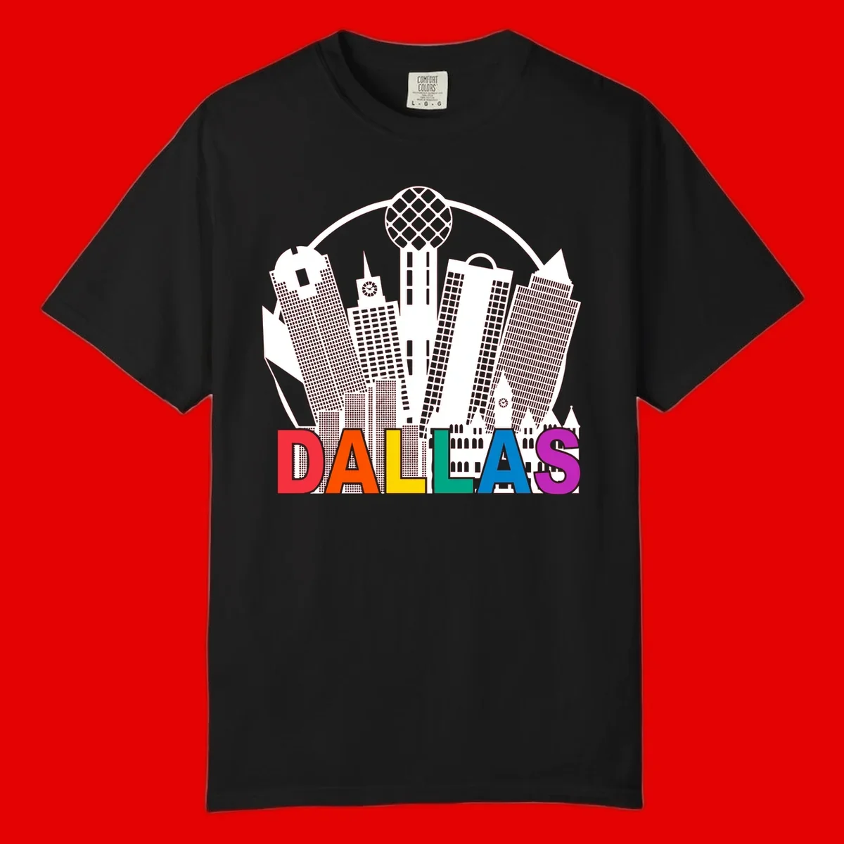Dallas skyline illustration with Reunion Tower and iconic buildings in white, with 'DALLAS' text in rainbow pride colors below