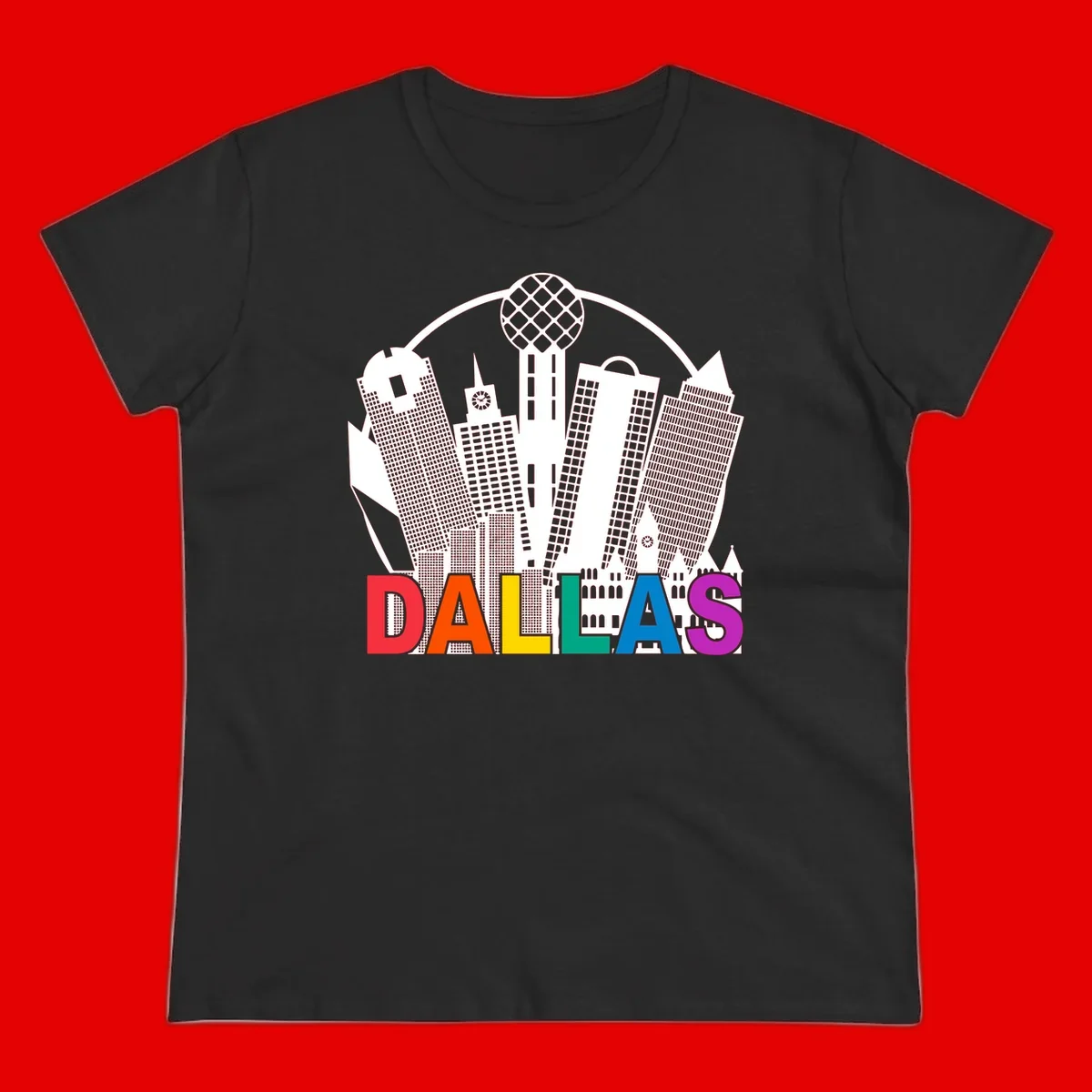 Dallas skyline illustration with Reunion Tower and iconic buildings in white, with 'DALLAS' text in rainbow pride colors below