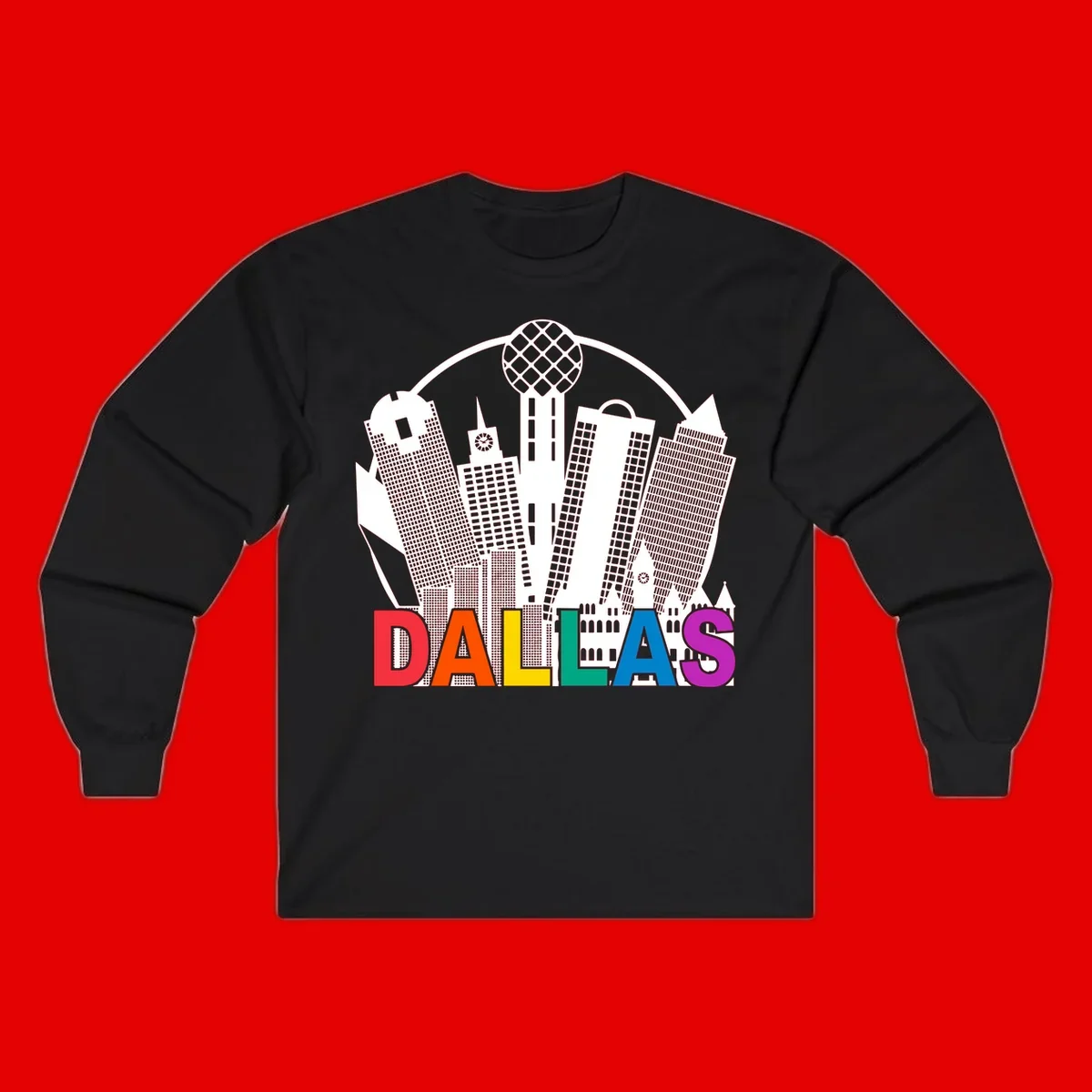 Dallas skyline illustration with Reunion Tower and iconic buildings in white, with 'DALLAS' text in rainbow pride colors below