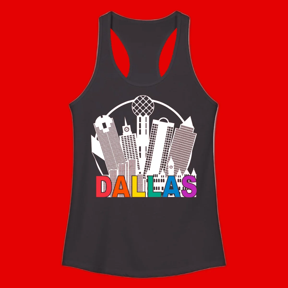 Dallas skyline illustration with Reunion Tower and iconic buildings in white, with 'DALLAS' text in rainbow pride colors below