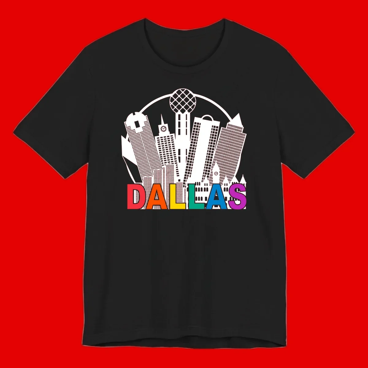 Dallas skyline illustration with Reunion Tower and iconic buildings in white, with 'DALLAS' text in rainbow pride colors below