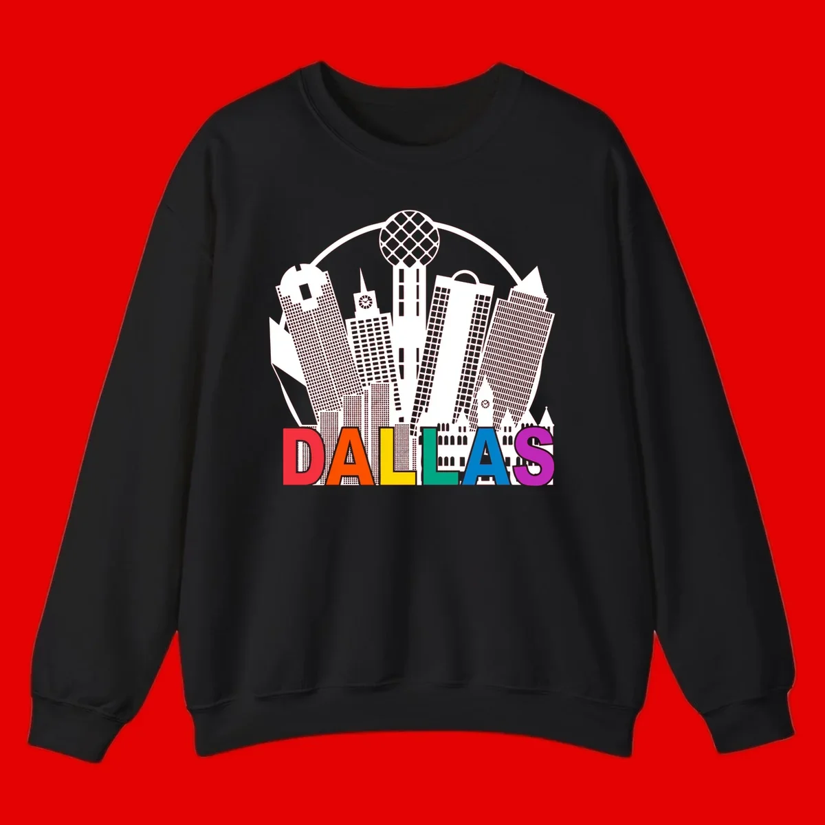 Dallas skyline illustration with Reunion Tower and iconic buildings in white, with 'DALLAS' text in rainbow pride colors below