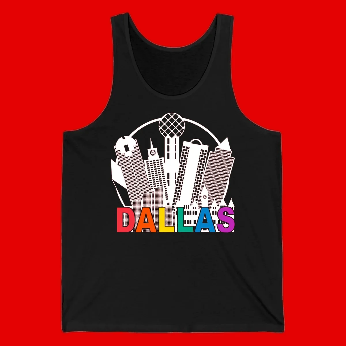 Dallas skyline illustration with Reunion Tower and iconic buildings in white, with 'DALLAS' text in rainbow pride colors below
