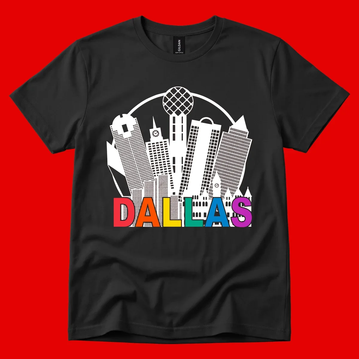 Dallas skyline illustration with Reunion Tower and iconic buildings in white, with 'DALLAS' text in rainbow pride colors below