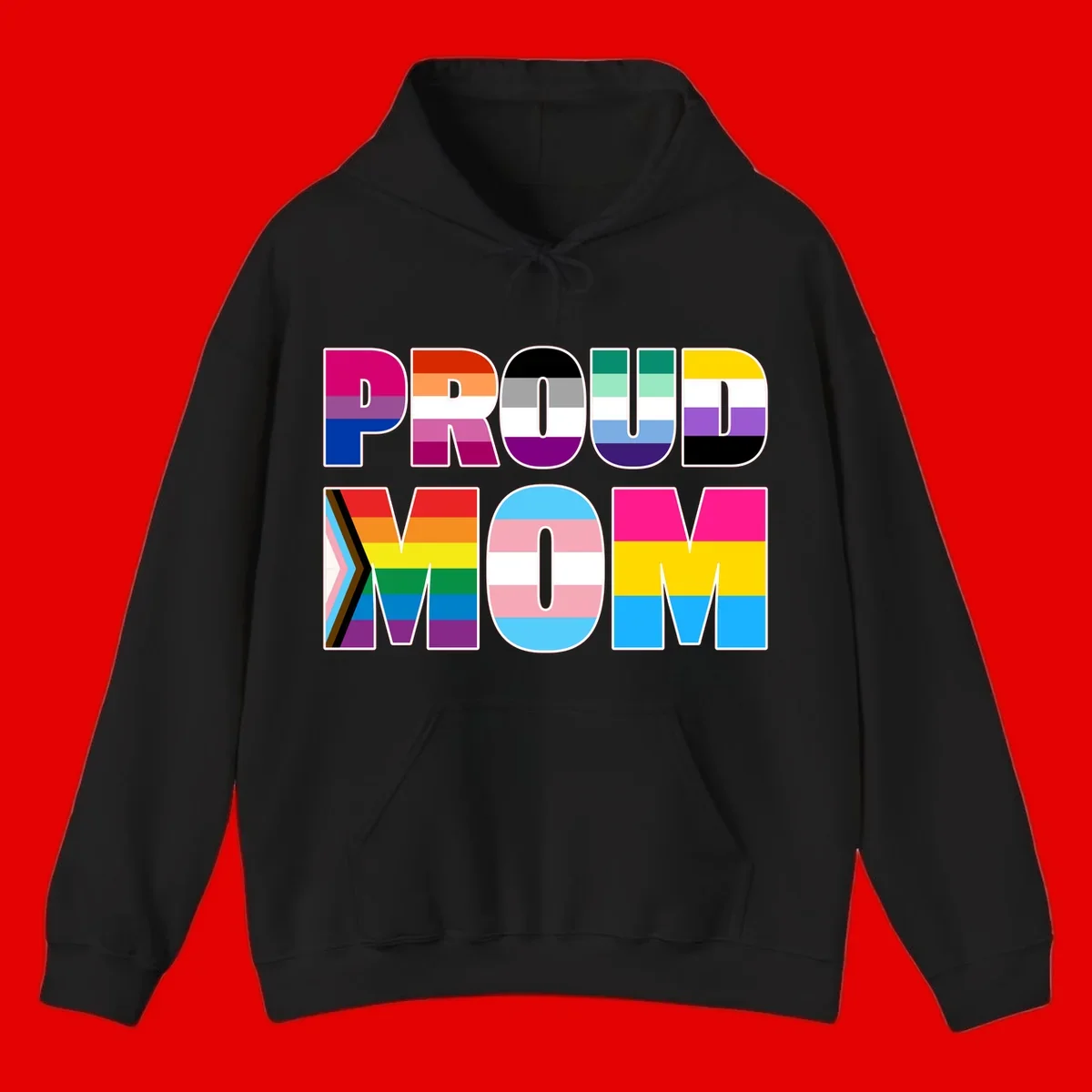 Colorful 'PROUD' letters filled with various pride flags including rainbow, trans, progress pride, and intersex symbols on gray background