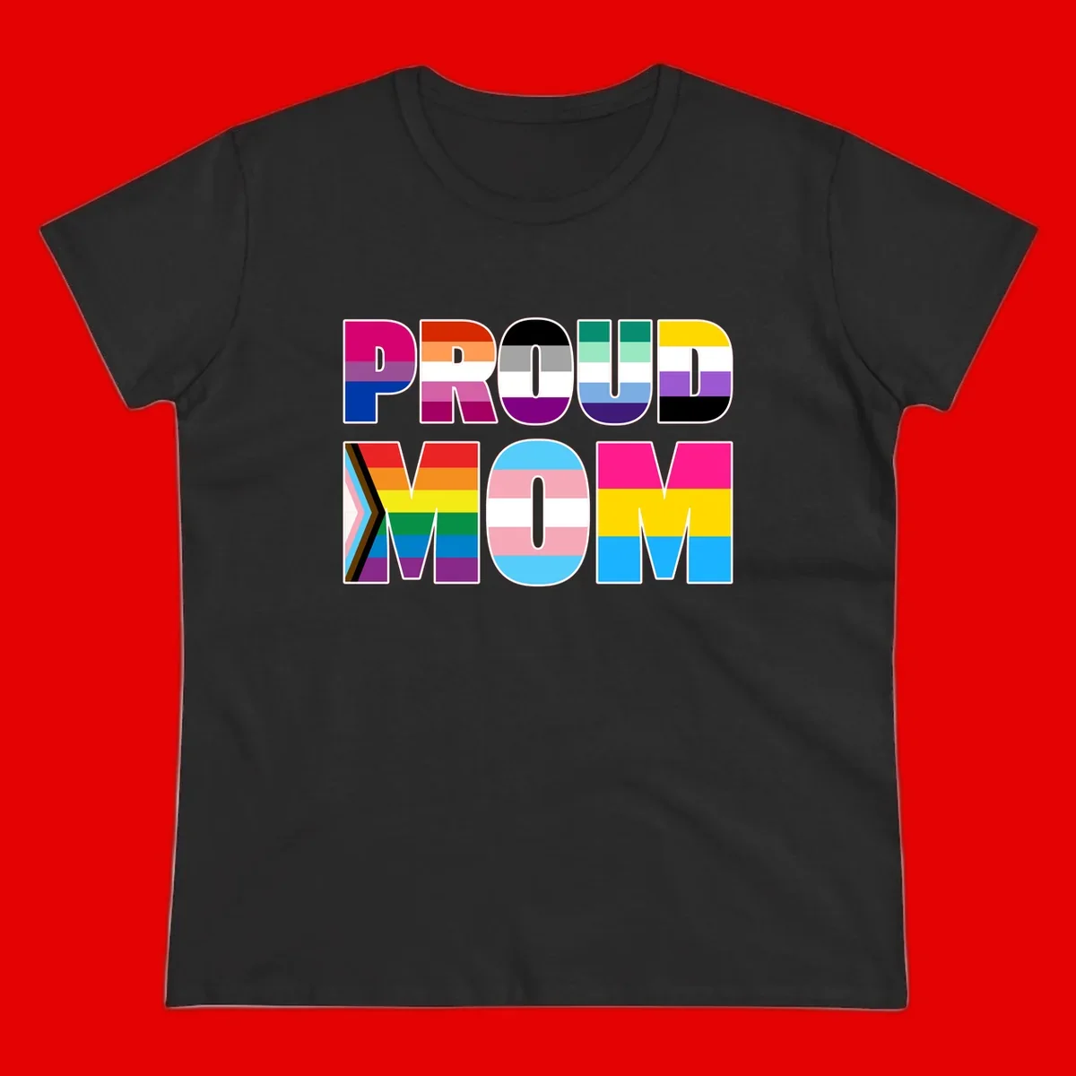 Colorful 'PROUD' letters filled with various pride flags including rainbow, trans, progress pride, and intersex symbols on gray background