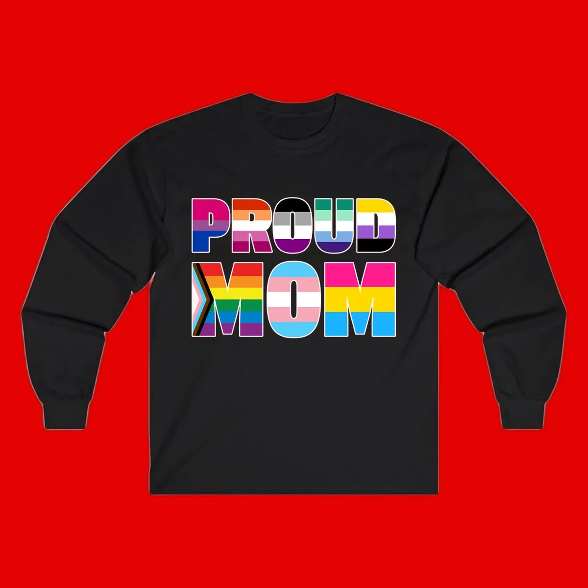 Colorful 'PROUD' letters filled with various pride flags including rainbow, trans, progress pride, and intersex symbols on gray background