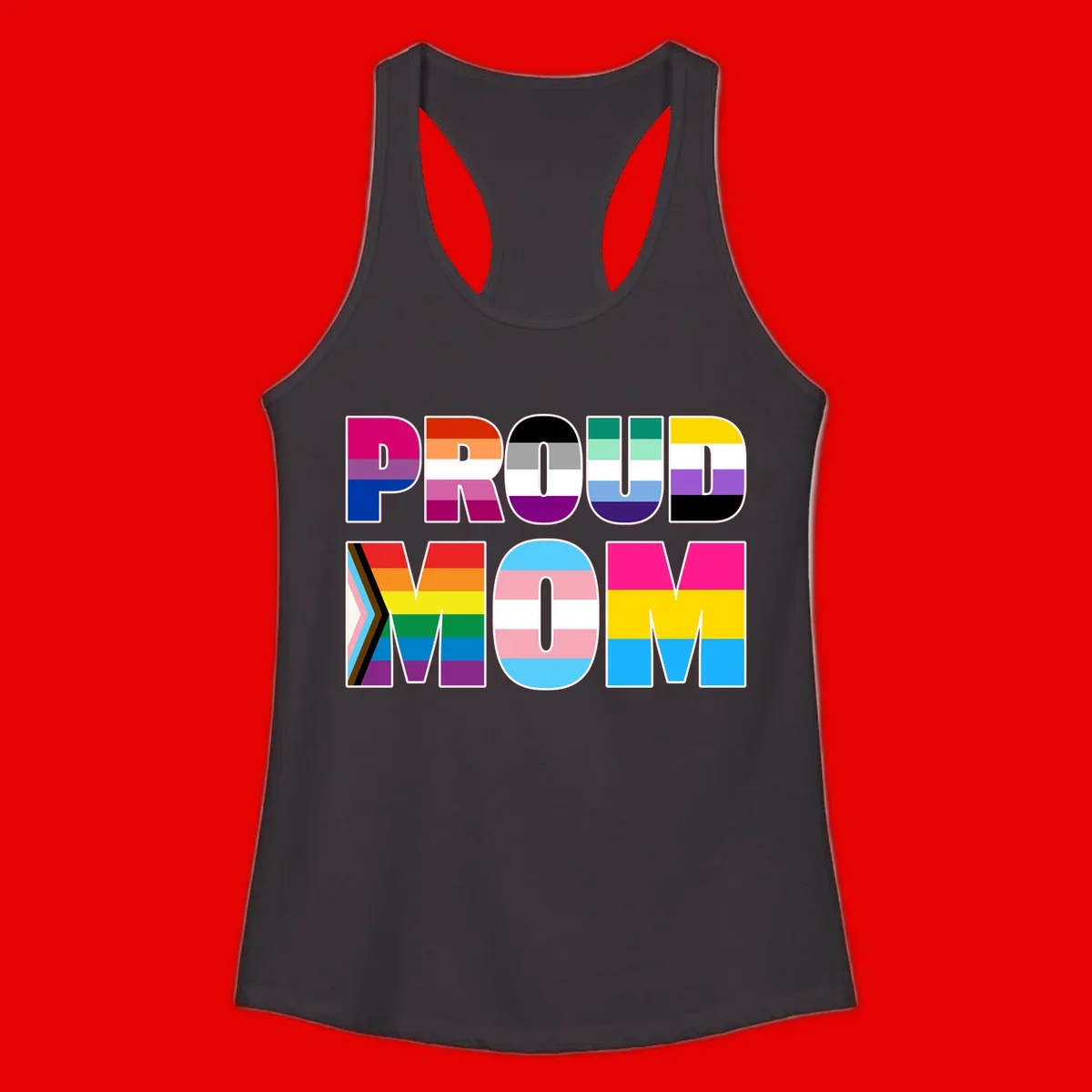 Colorful 'PROUD' letters filled with various pride flags including rainbow, trans, progress pride, and intersex symbols on gray background