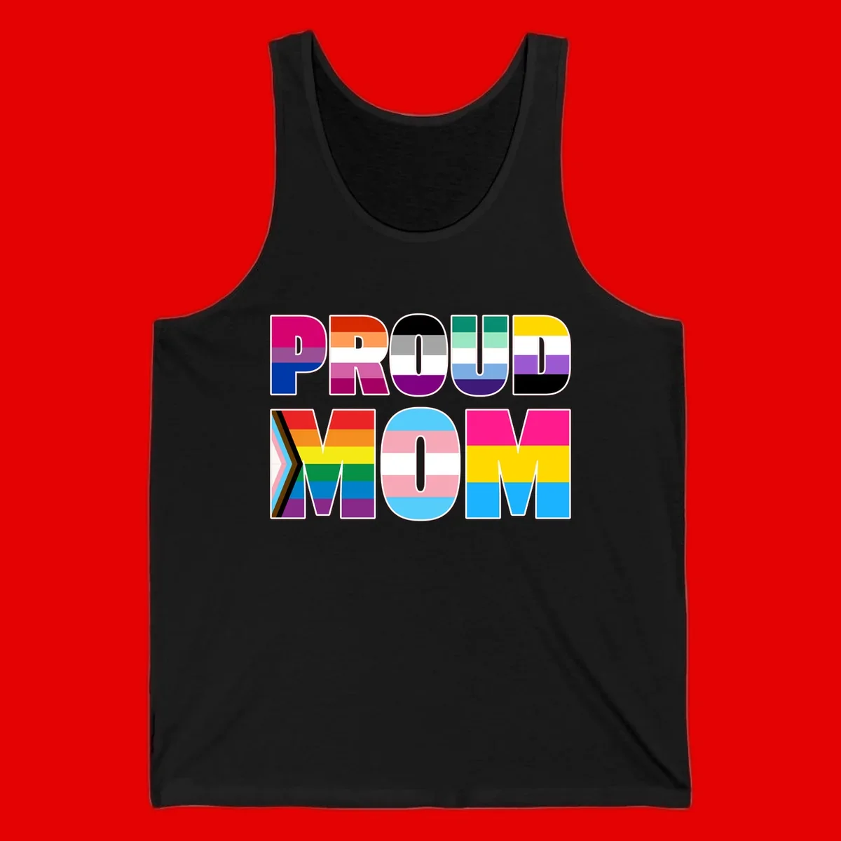 Colorful 'PROUD' letters filled with various pride flags including rainbow, trans, progress pride, and intersex symbols on gray background