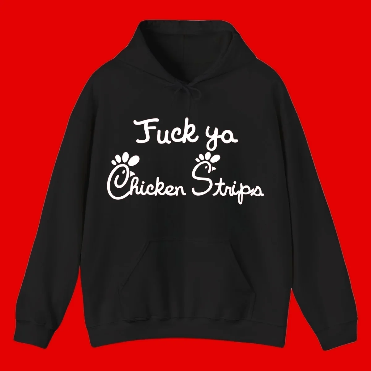 White text reading "Fuck ya Chicken Strips" with rooster head illustrations featuring paw prints on gray background