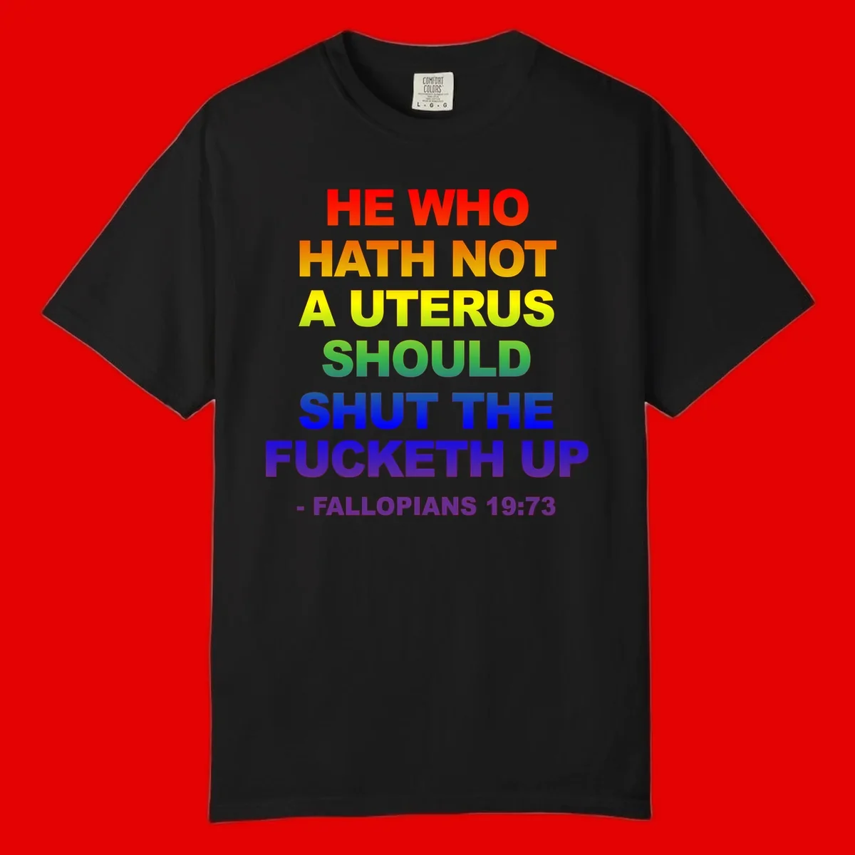 Rainbow gradient text design reading 'He Who Hath Not A Uterus Should Shut The Fucketh Up' with feminist statement message