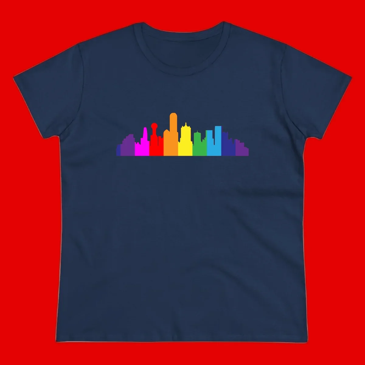 Colorful city skyline silhouette in rainbow pride colors transitioning from purple through red, orange, yellow, green, cyan and blue