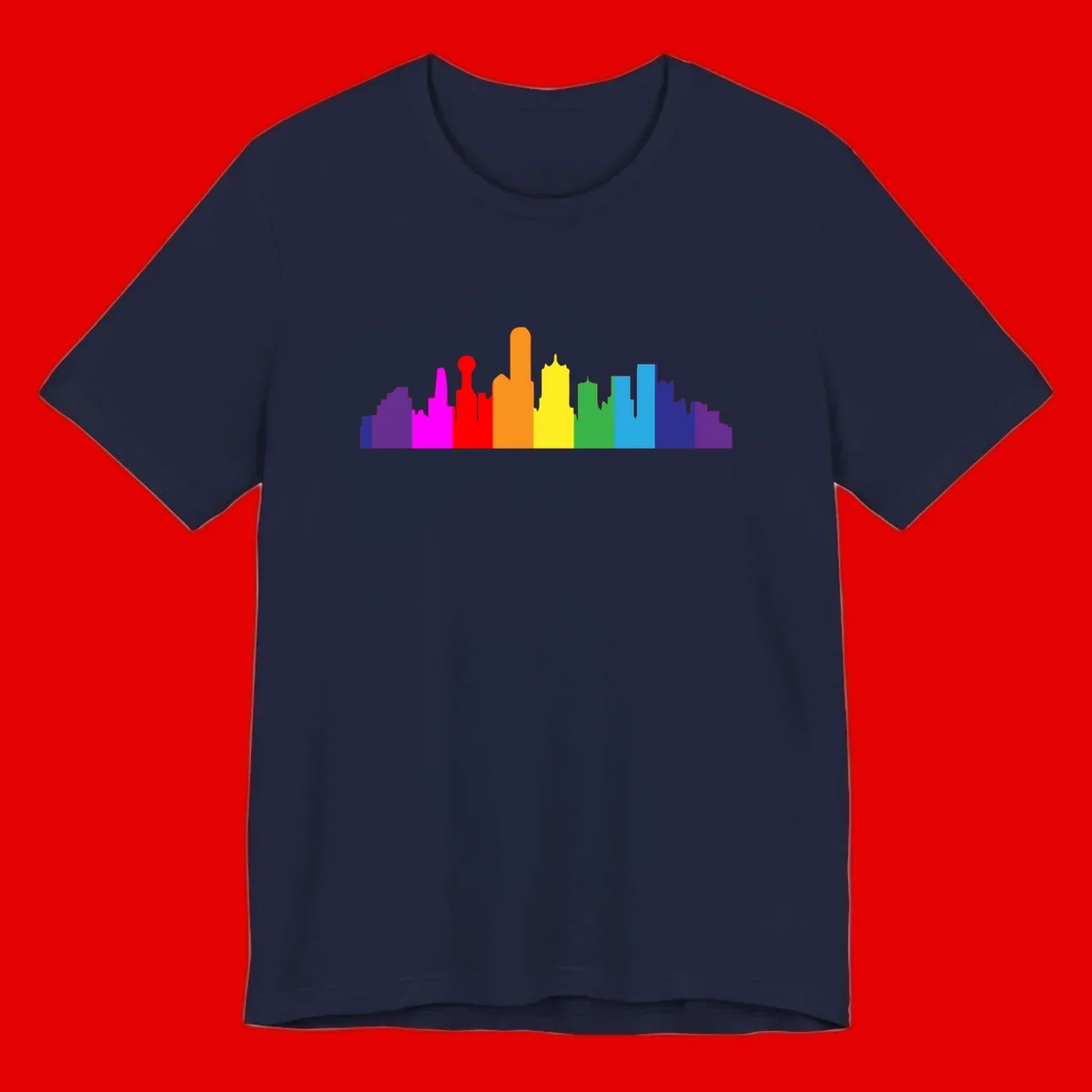 Colorful city skyline silhouette in rainbow pride colors transitioning from purple through red, orange, yellow, green, cyan and blue