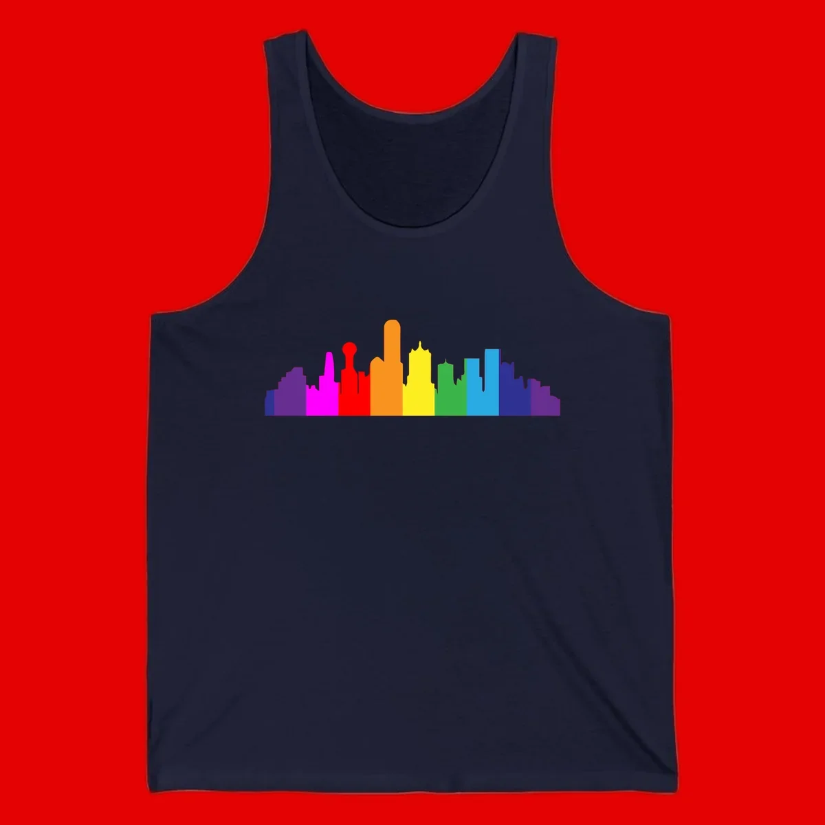Colorful city skyline silhouette in rainbow pride colors transitioning from purple through red, orange, yellow, green, cyan and blue