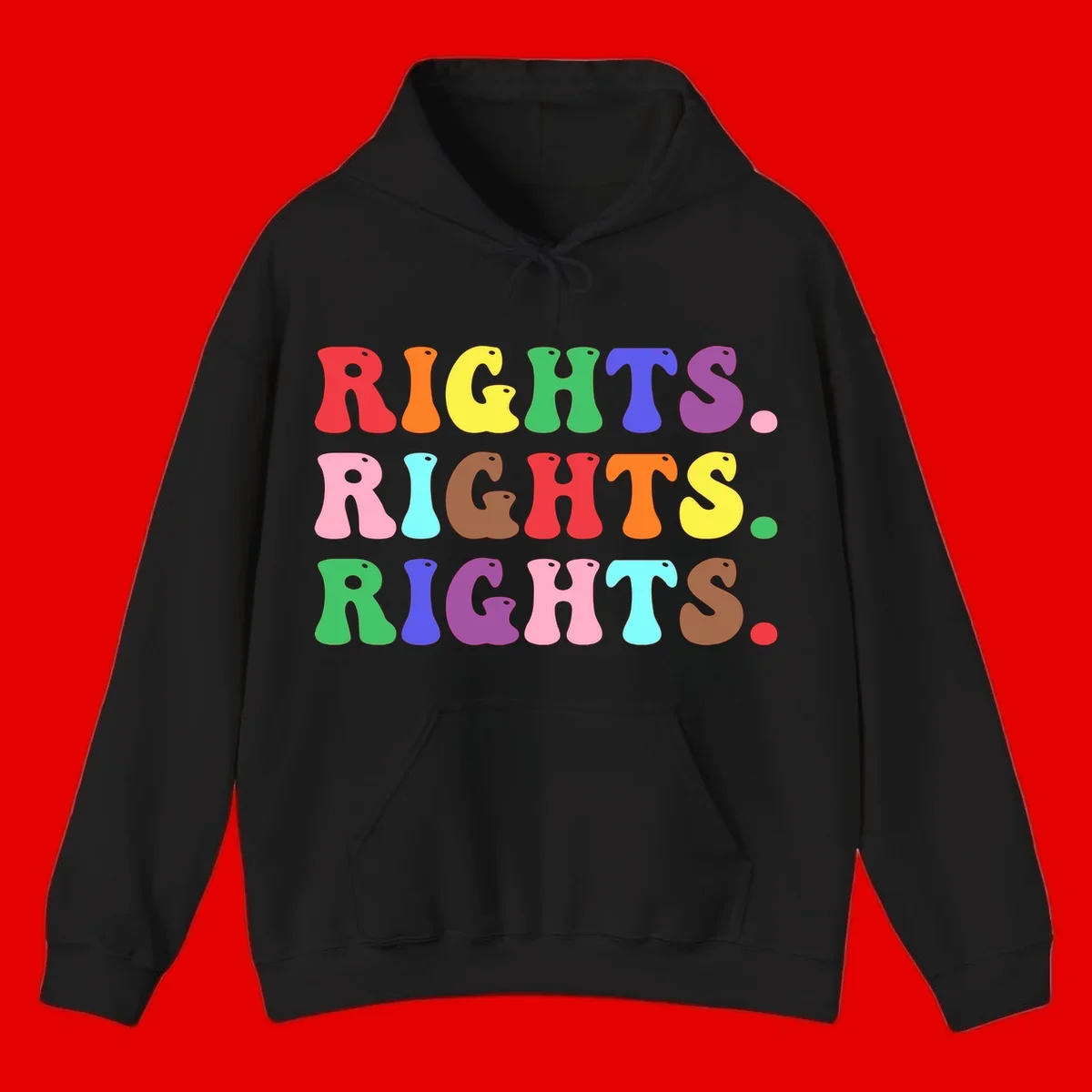 The word 'RIGHTS' repeated three times in large rainbow-colored letters with playful organic shapes and small dots, celebrating pride and equality.