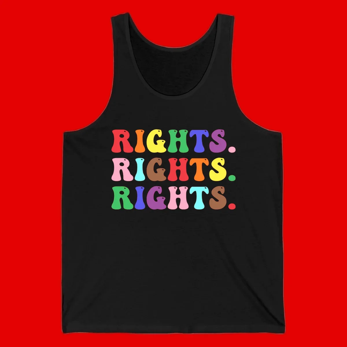 The word 'RIGHTS' repeated three times in large rainbow-colored letters with playful organic shapes and small dots, celebrating pride and equality.