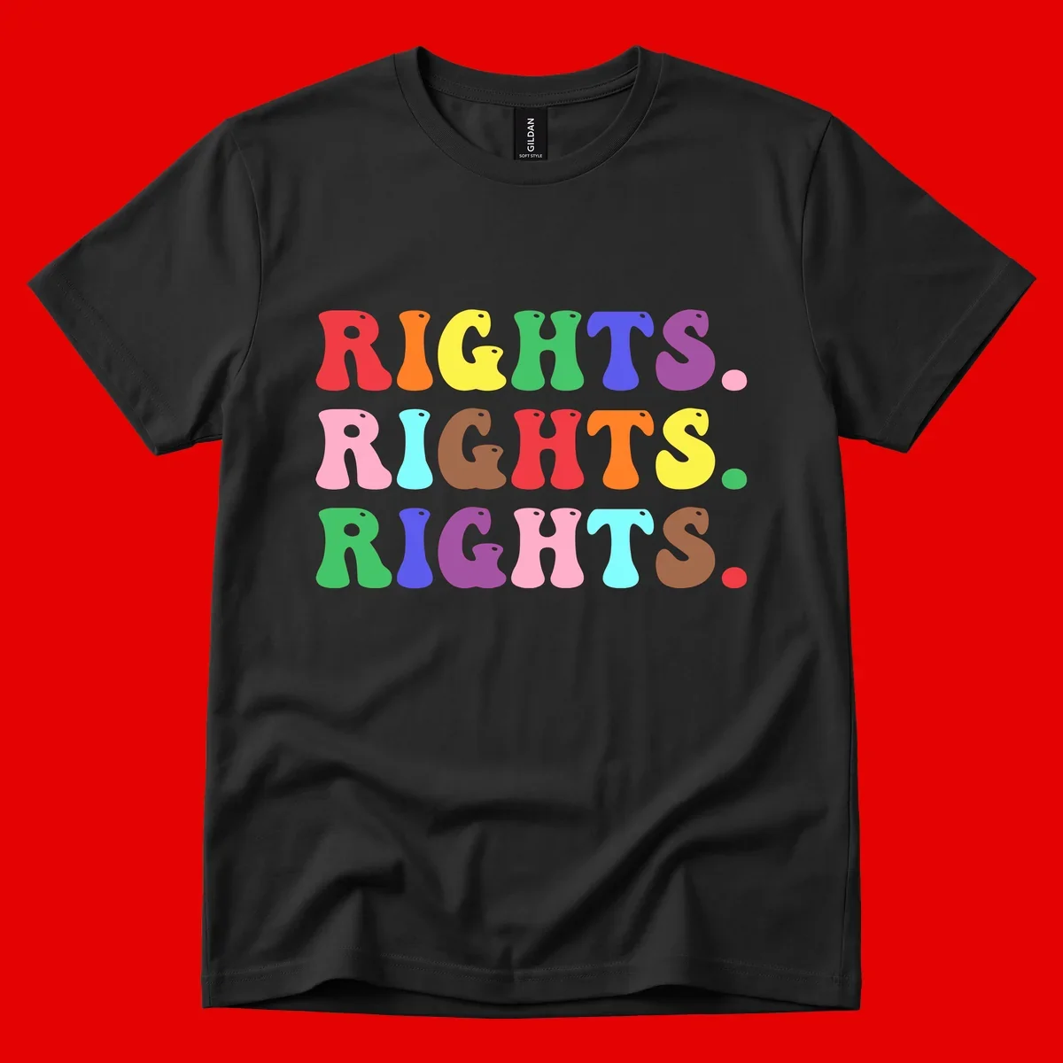 The word 'RIGHTS' repeated three times in large rainbow-colored letters with playful organic shapes and small dots, celebrating pride and equality.