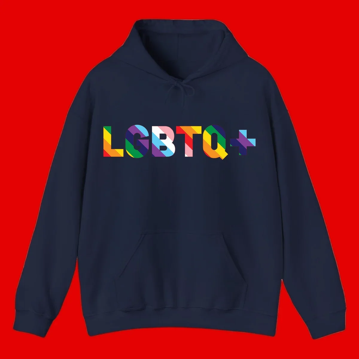 Colorful LGBTQ+ text with diagonal rainbow stripes in pride flag colors on geometric letters