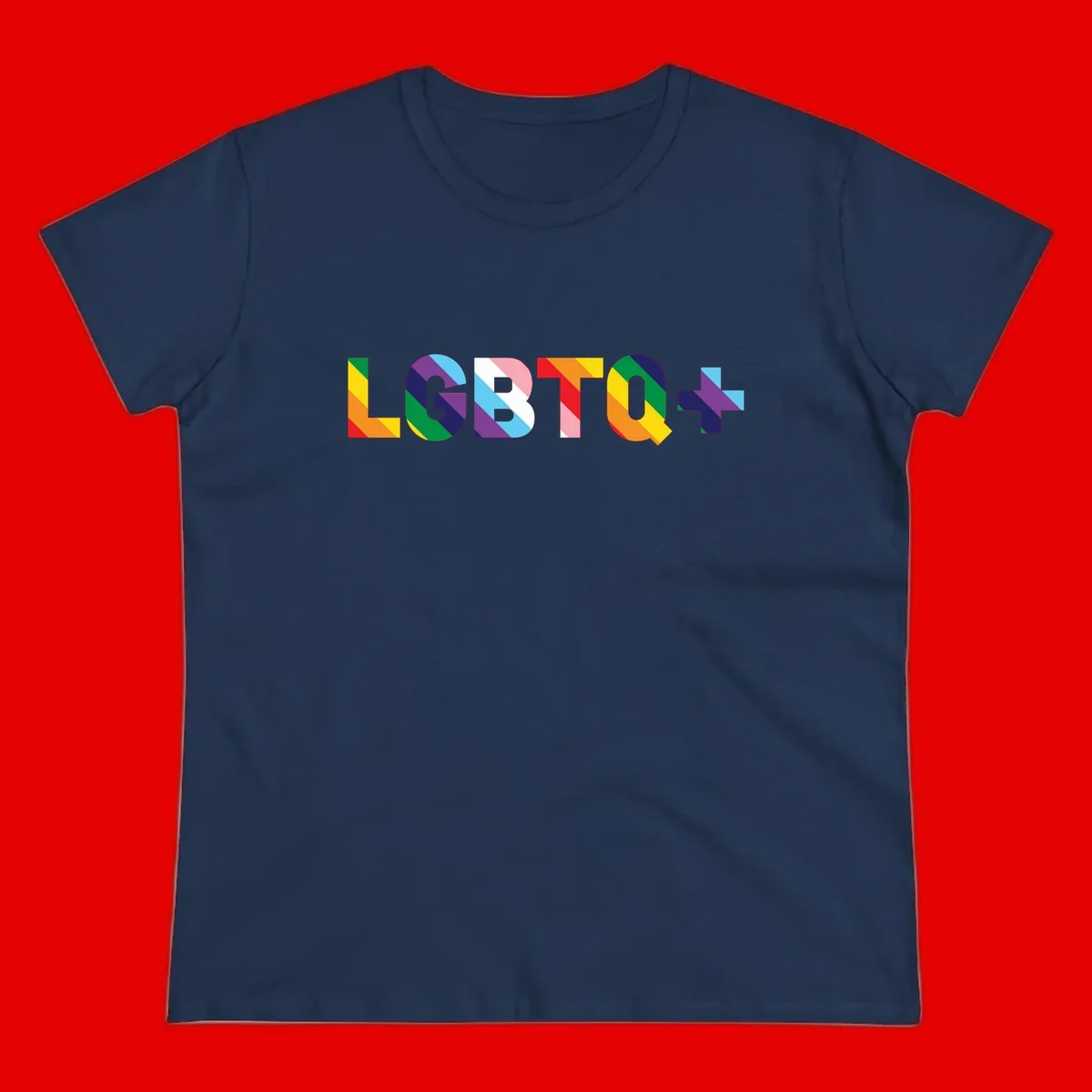 Colorful LGBTQ+ text with diagonal rainbow stripes in pride flag colors on geometric letters