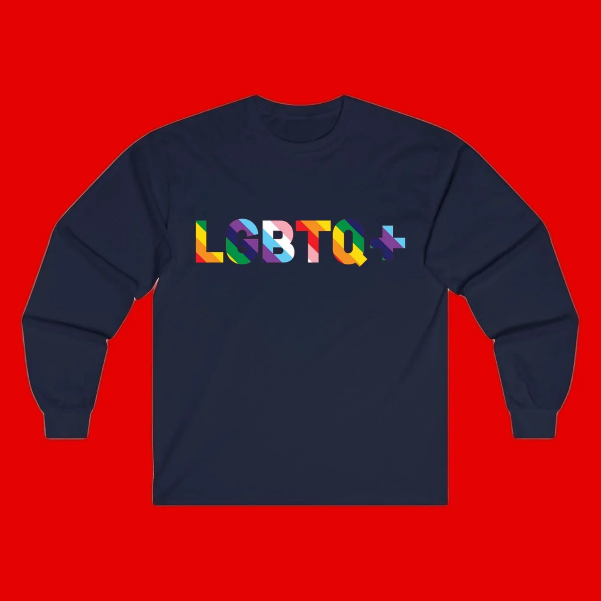 Colorful LGBTQ+ text with diagonal rainbow stripes in pride flag colors on geometric letters