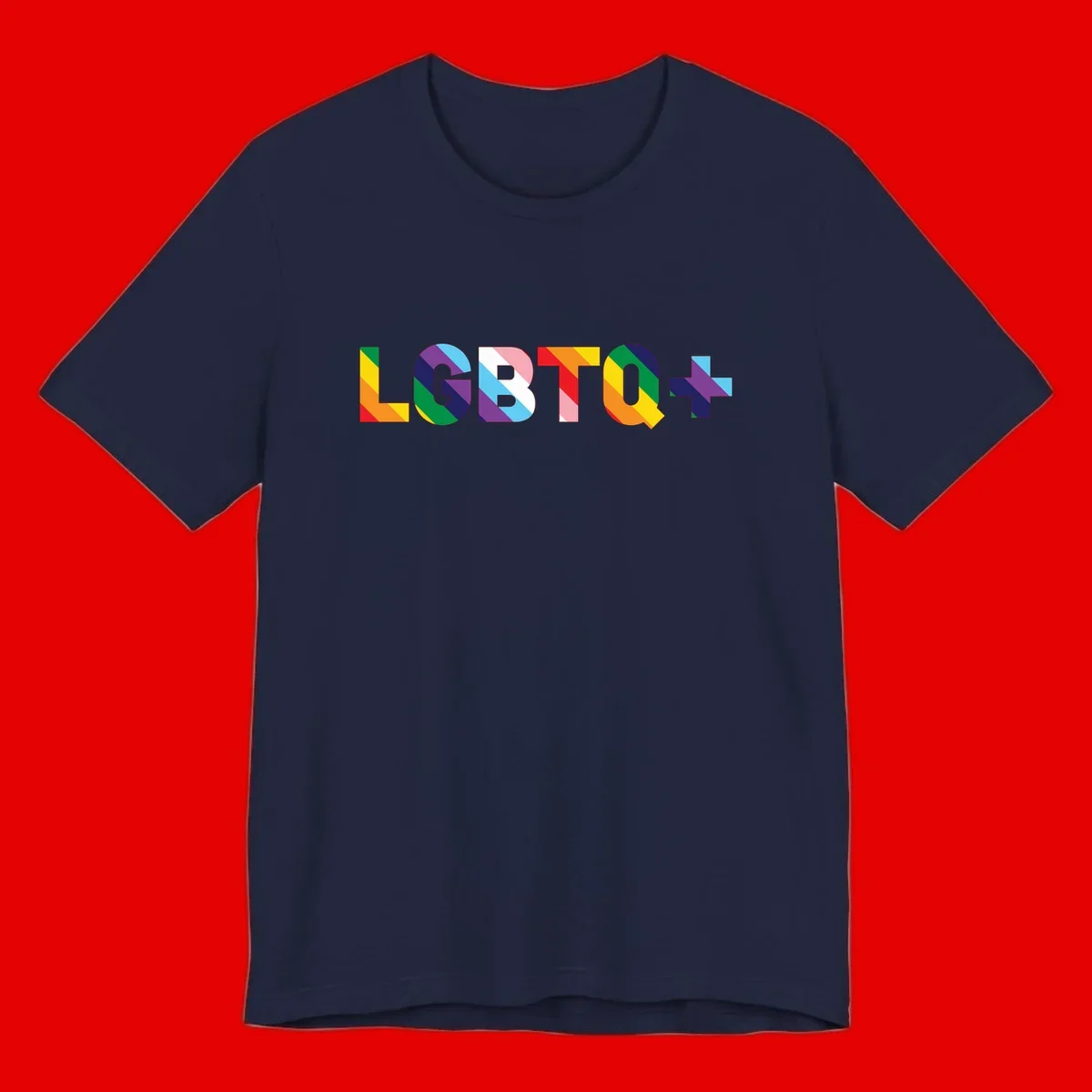 Colorful LGBTQ+ text with diagonal rainbow stripes in pride flag colors on geometric letters