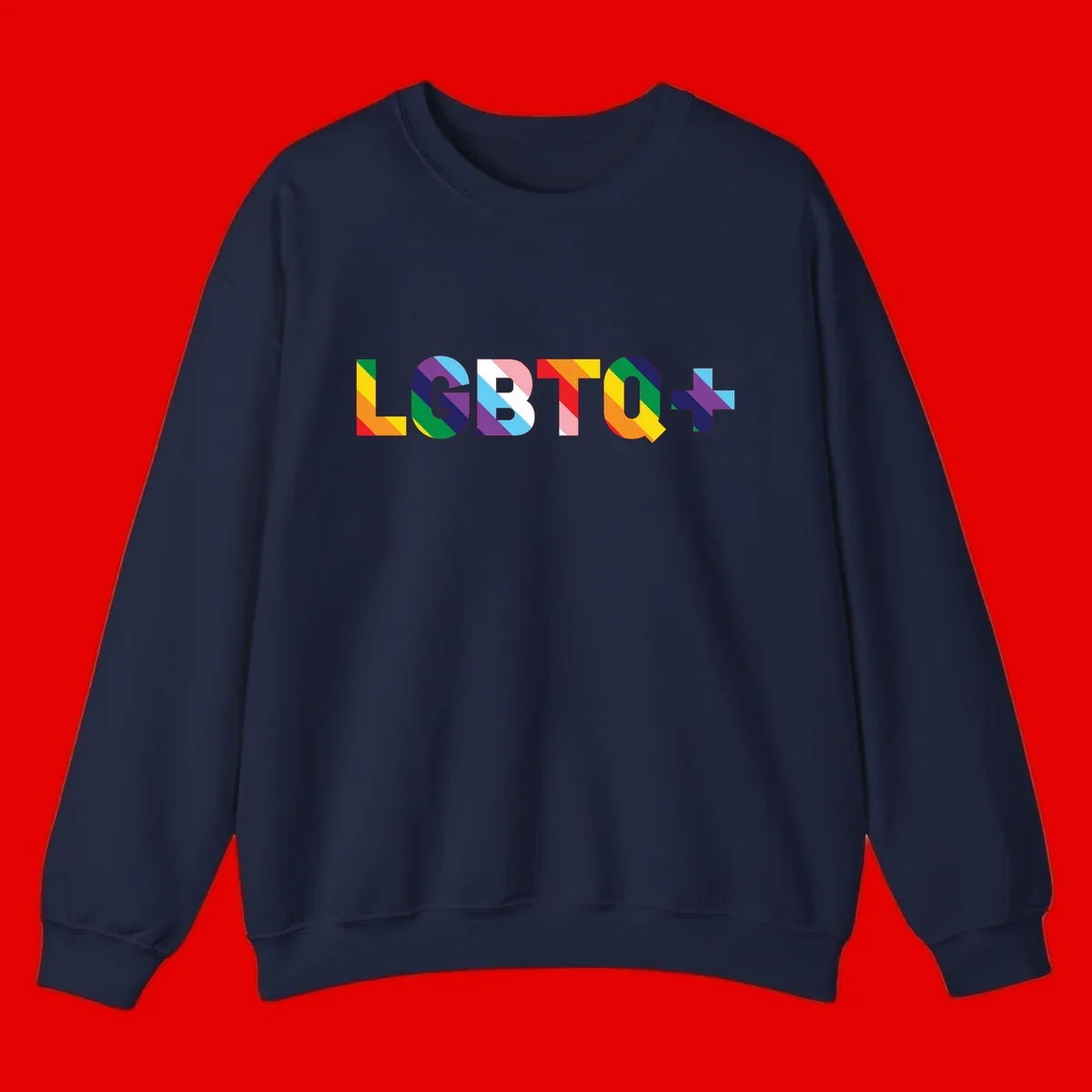 Colorful LGBTQ+ text with diagonal rainbow stripes in pride flag colors on geometric letters