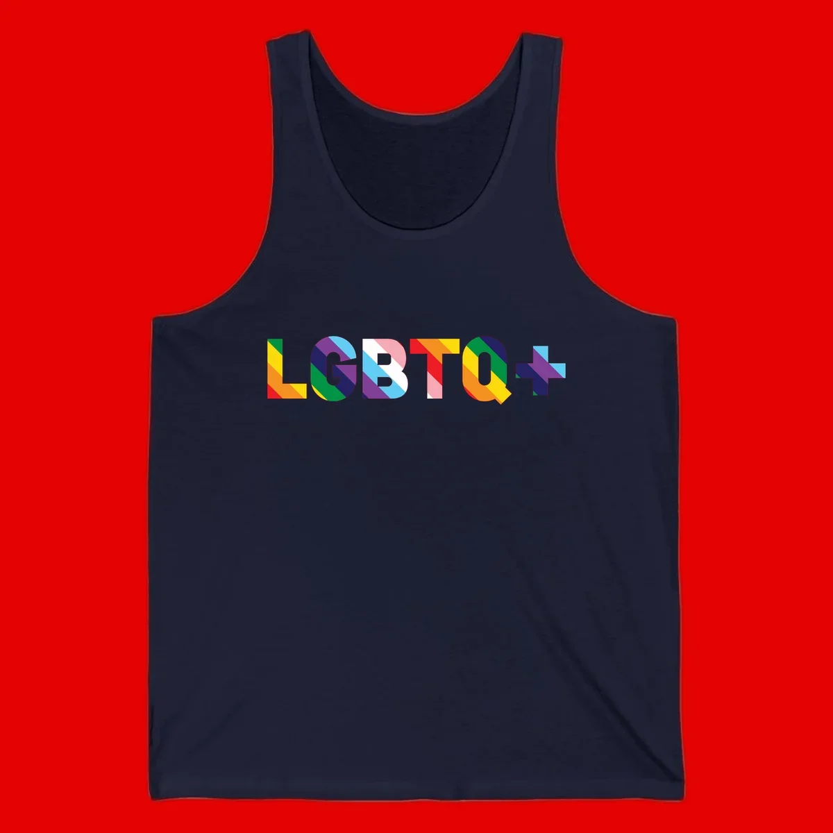 Colorful LGBTQ+ text with diagonal rainbow stripes in pride flag colors on geometric letters