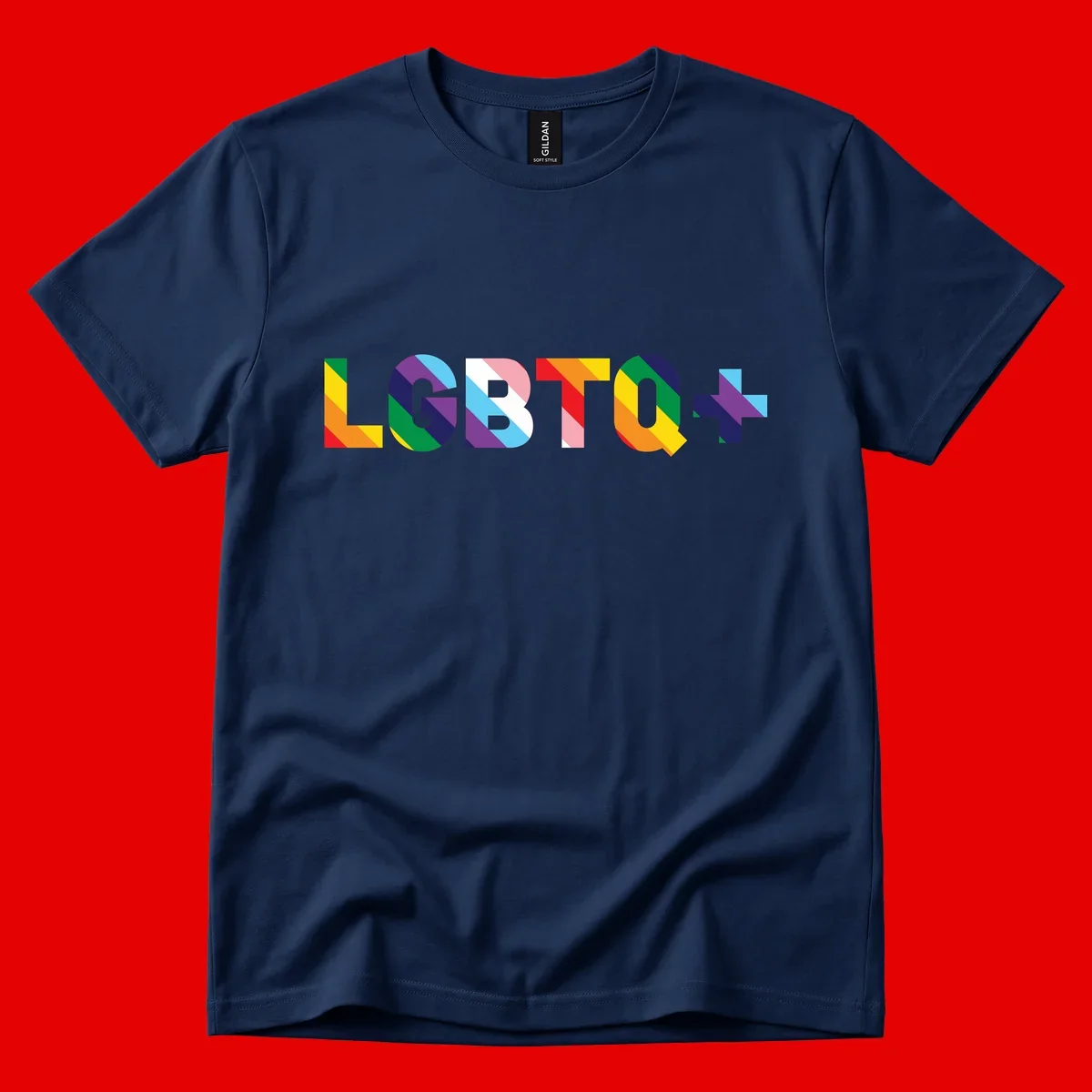 Colorful LGBTQ+ text with diagonal rainbow stripes in pride flag colors on geometric letters