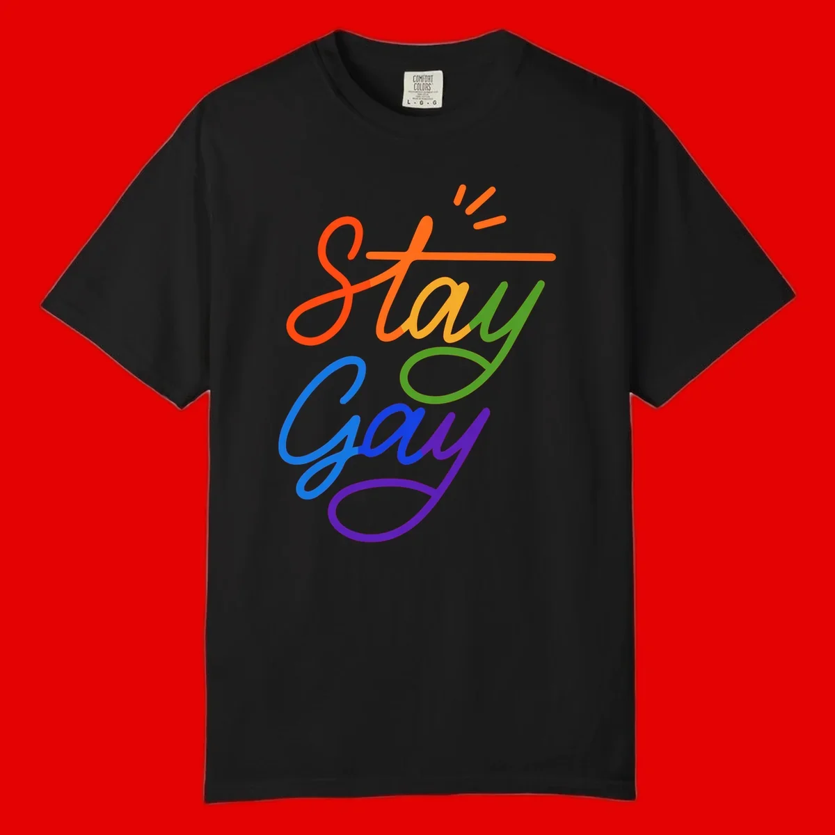 Rainbow gradient text reading 'Stay Gay' with a green checkmark and sparkle accents on gray background