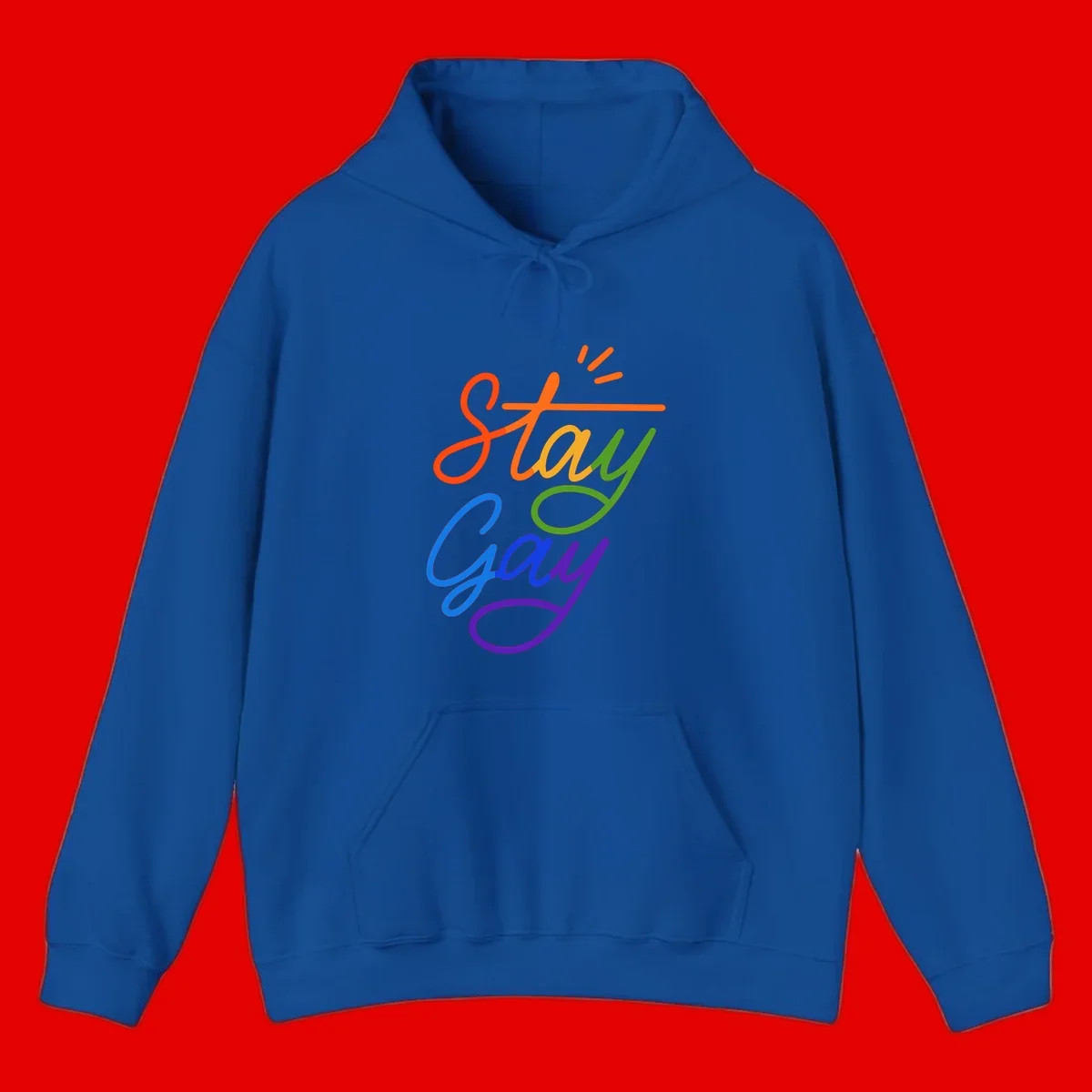 Rainbow gradient text reading 'Stay Gay' with a green checkmark and sparkle accents on gray background