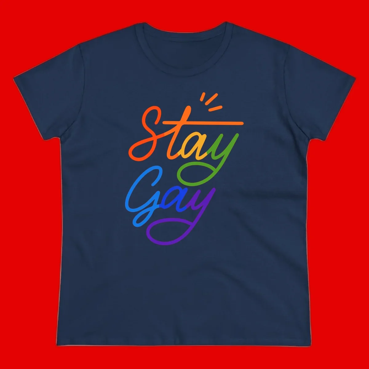 Rainbow gradient text reading 'Stay Gay' with a green checkmark and sparkle accents on gray background
