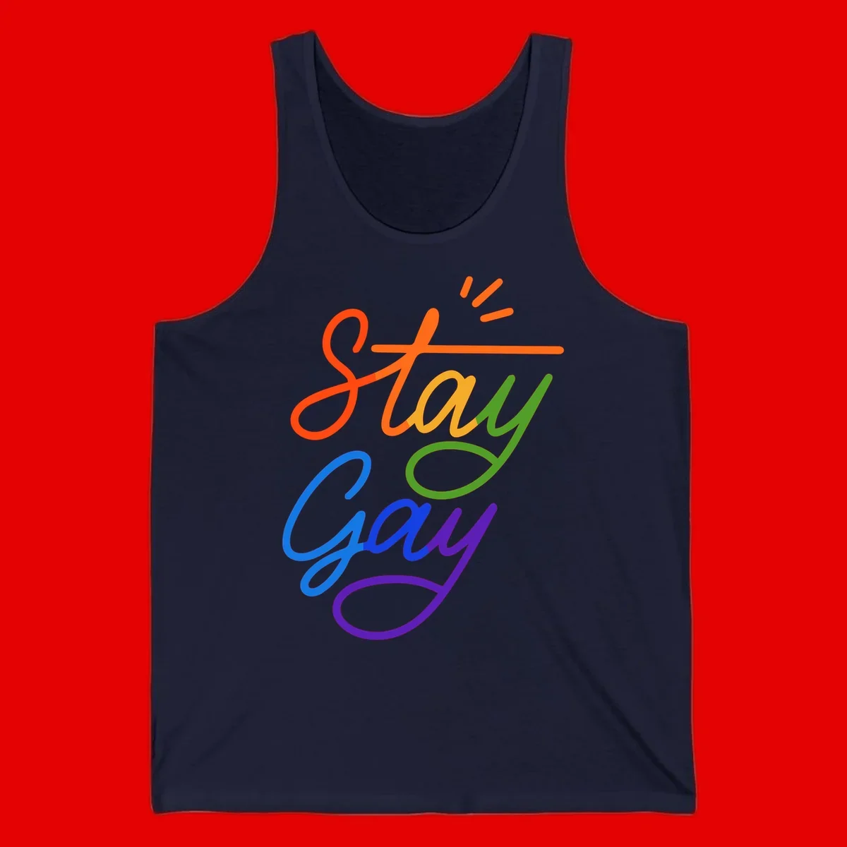 Rainbow gradient text reading 'Stay Gay' with a green checkmark and sparkle accents on gray background
