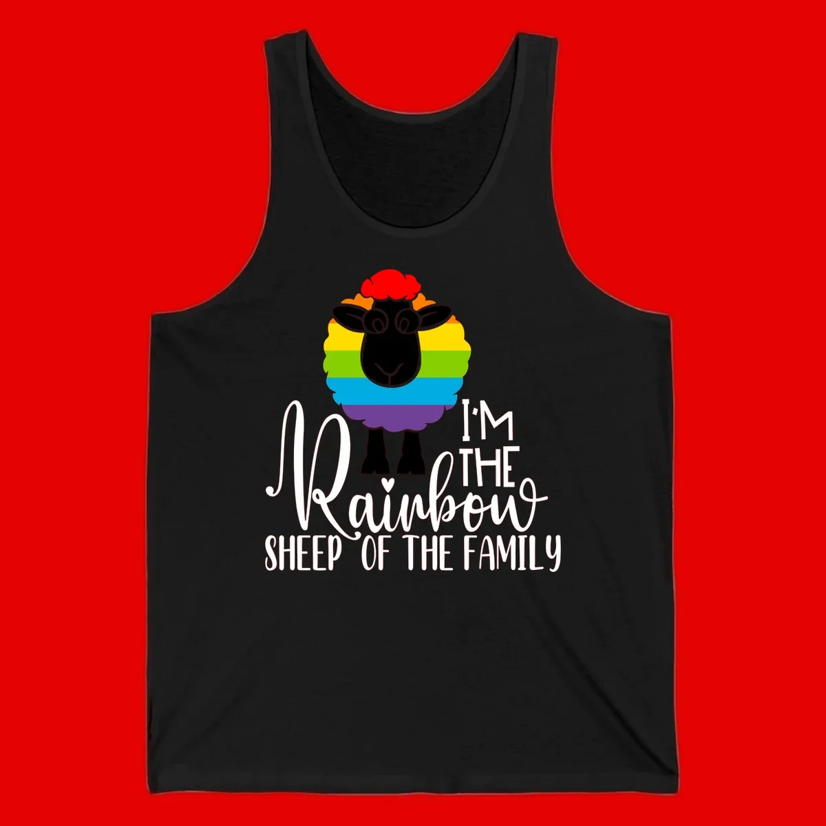 Cartoon sheep with rainbow-striped wool and text 'I'm The Rainbow Sheep Of The Family' celebrating pride and individuality