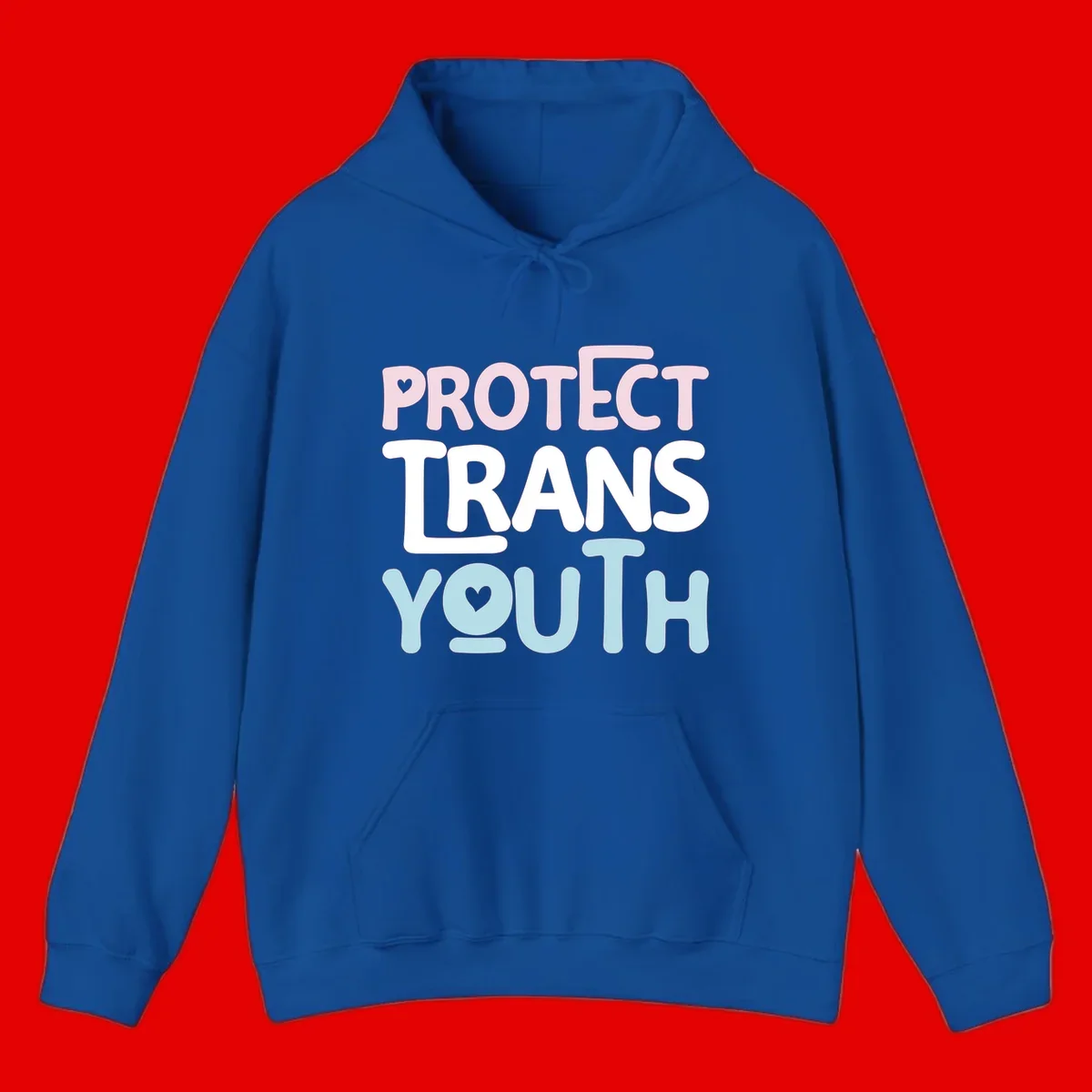 Bold colorful text reading 'PROTECT TRANS YOUTH' with pink and light blue lettering and small hearts, advocating for trans rights and youth support.