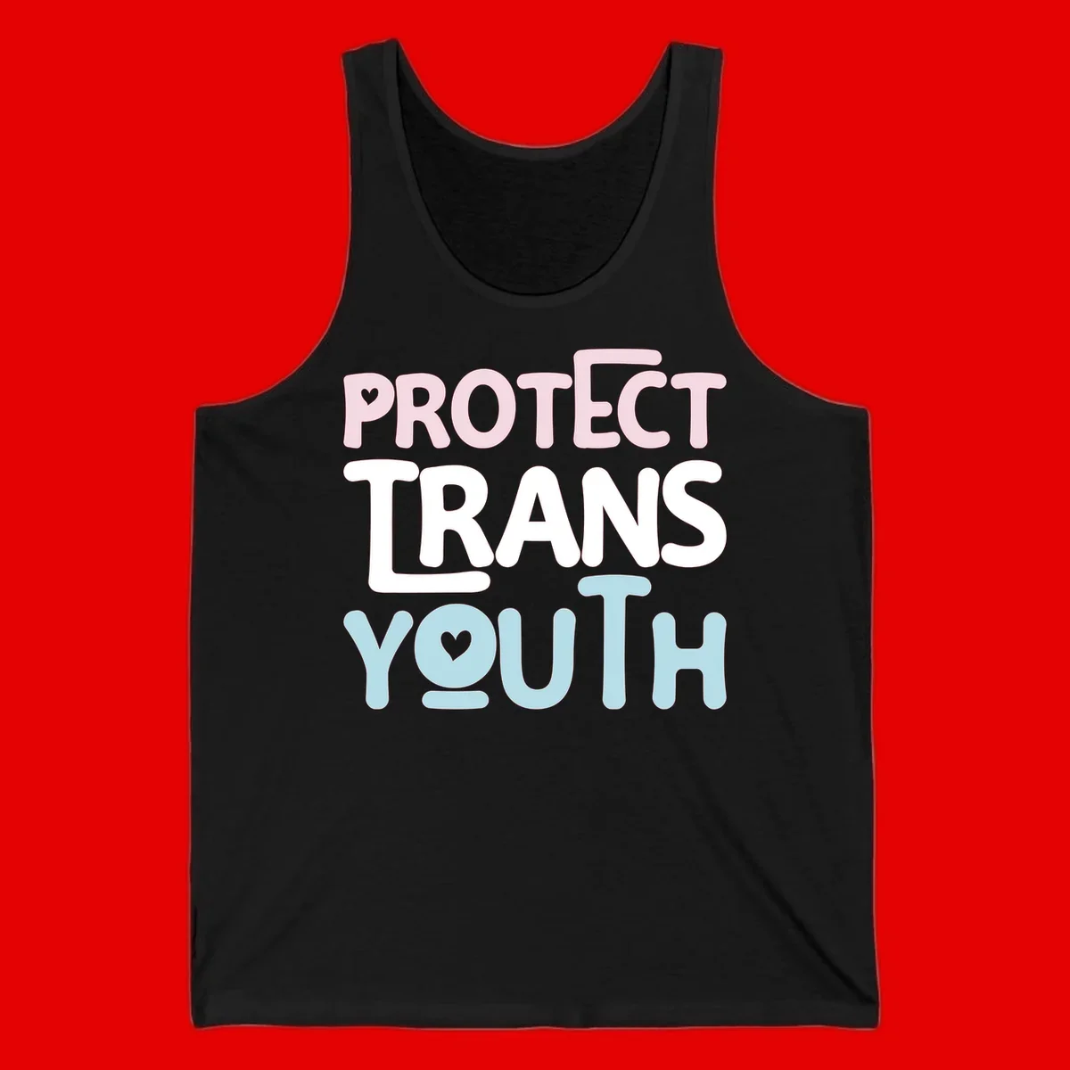 Bold colorful text reading 'PROTECT TRANS YOUTH' with pink and light blue lettering and small hearts, advocating for trans rights and youth support.