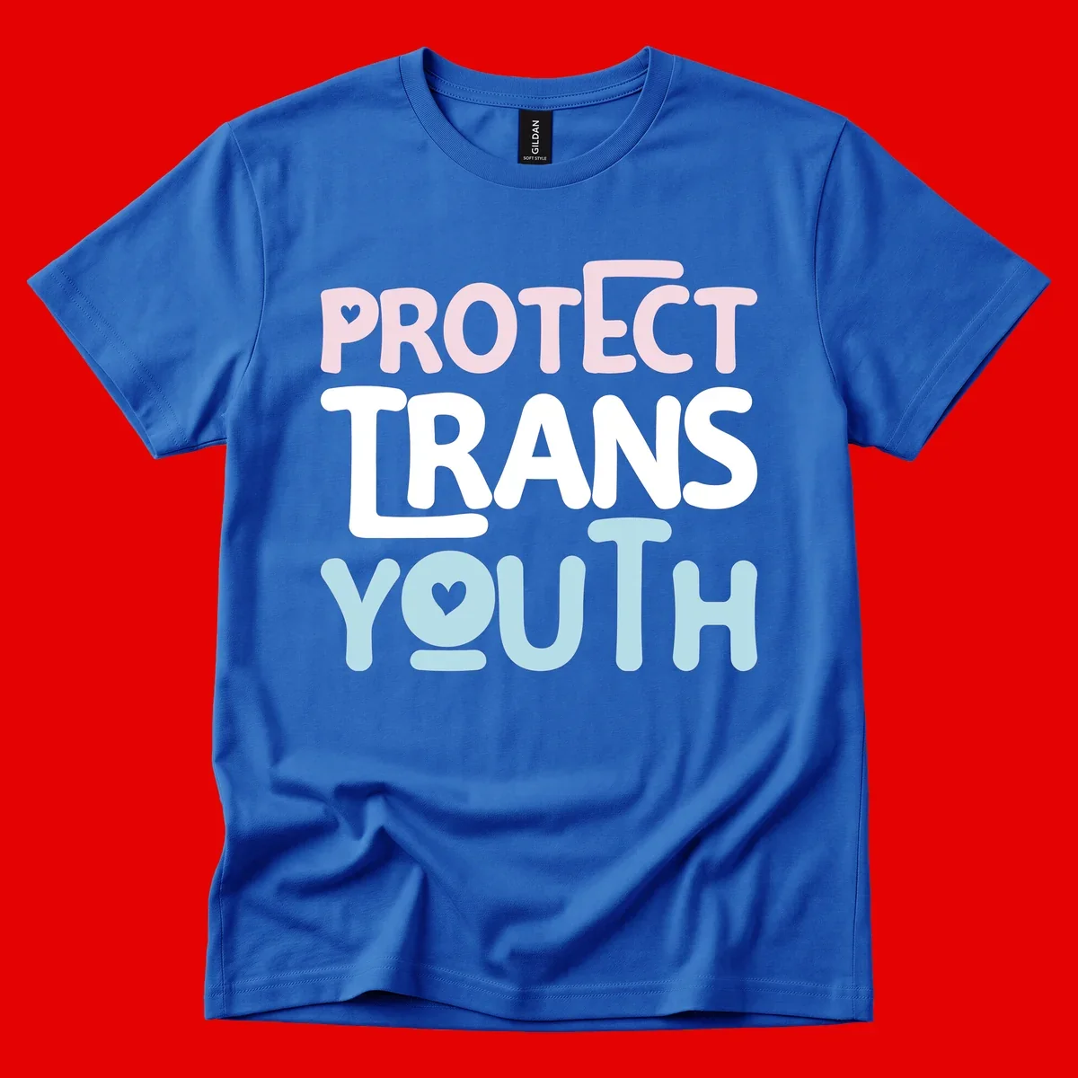 Bold colorful text reading 'PROTECT TRANS YOUTH' with pink and light blue lettering and small hearts, advocating for trans rights and youth support.