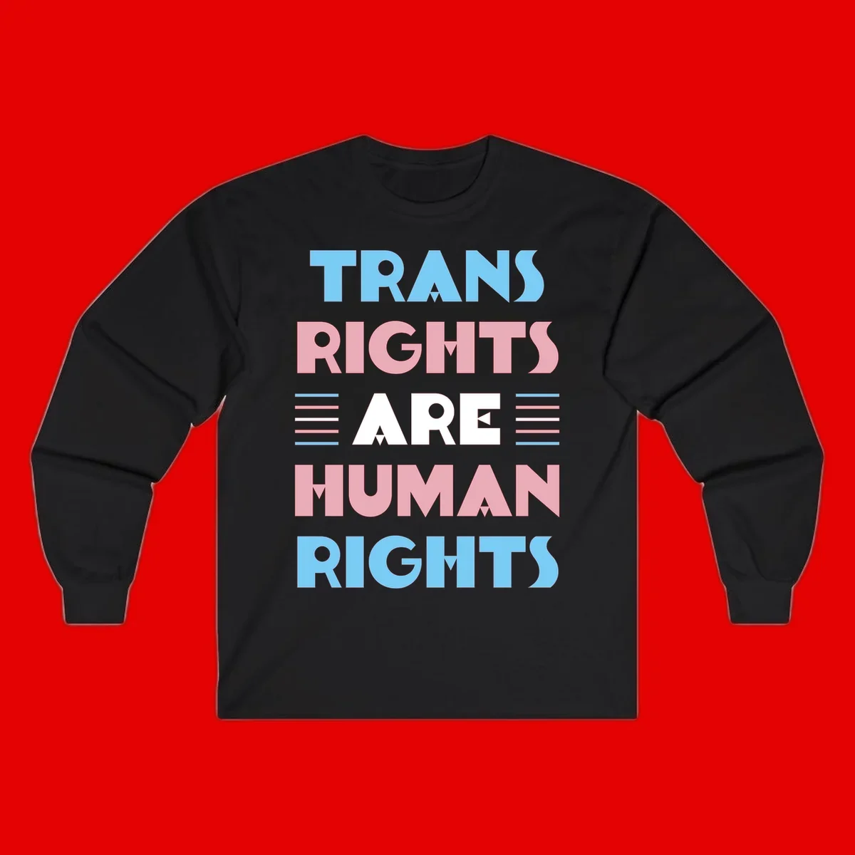 Bold typography design reading 'TRANS RIGHTS ARE HUMAN RIGHTS' in light blue, pink, and white letters with decorative stripes on a gray background