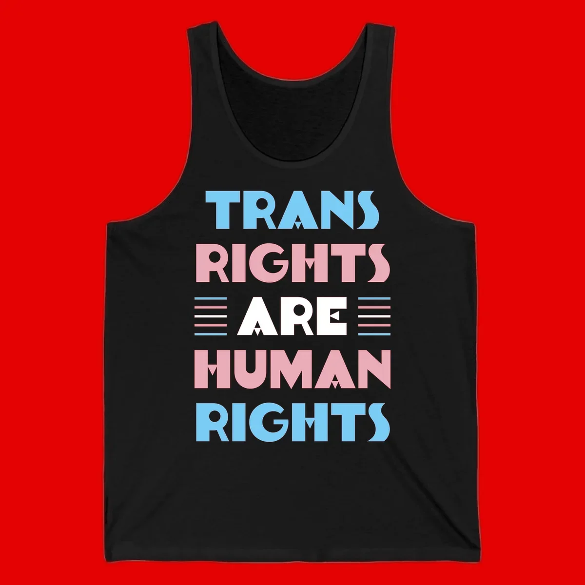 Bold typography design reading 'TRANS RIGHTS ARE HUMAN RIGHTS' in light blue, pink, and white letters with decorative stripes on a gray background