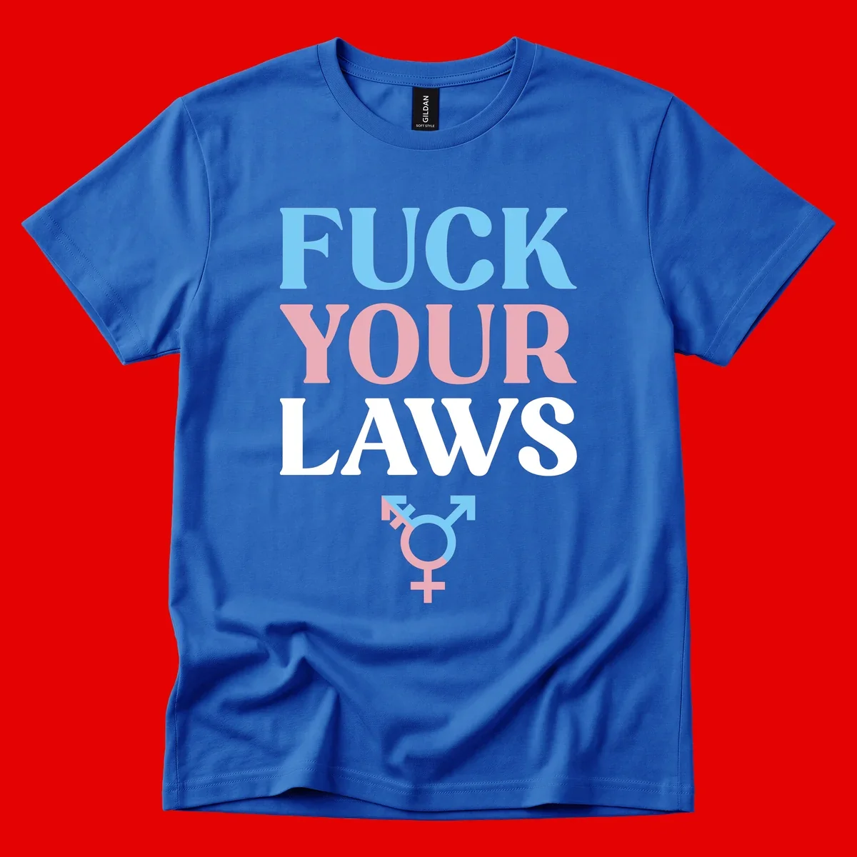 Bold typography design reading 'FUCK YOUR LAWS' in blue, pink, and white text with a split-color transgender symbol below