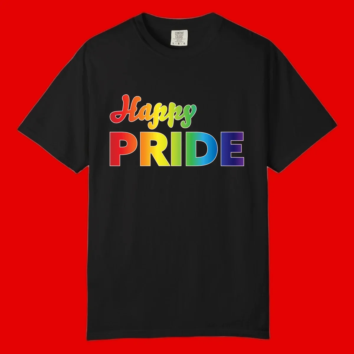 Happy pride rainbow gradient text design with colorful letters transitioning from red to purple