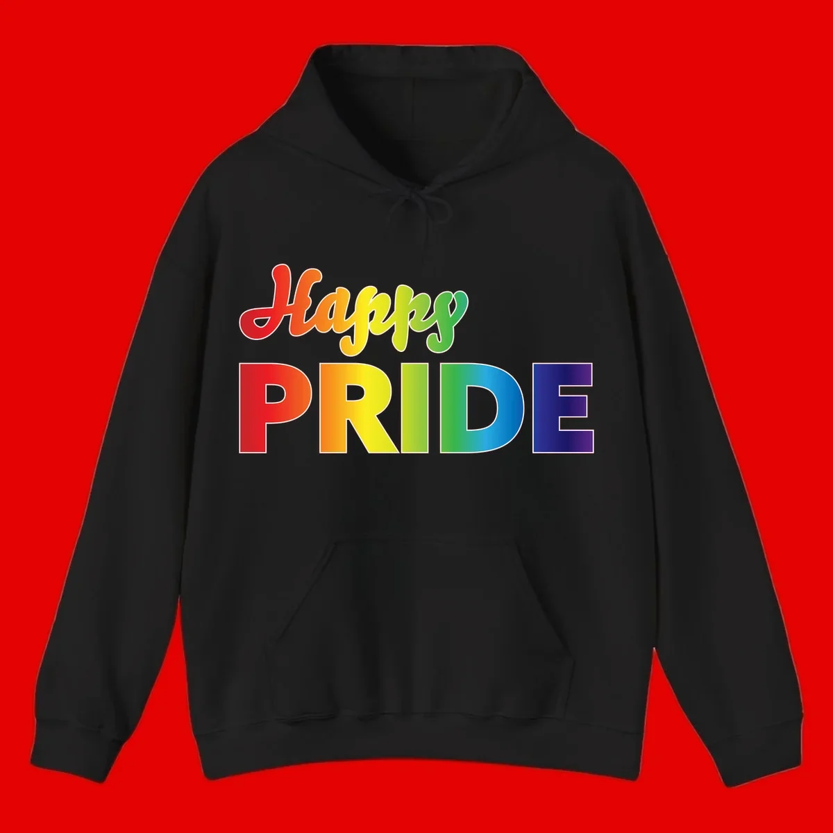 Happy pride rainbow gradient text design with colorful letters transitioning from red to purple