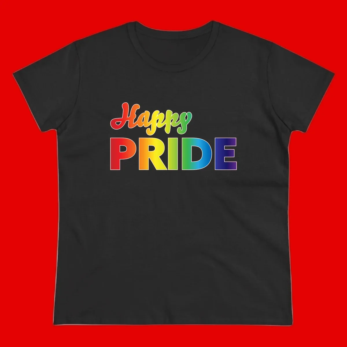 Happy pride rainbow gradient text design with colorful letters transitioning from red to purple