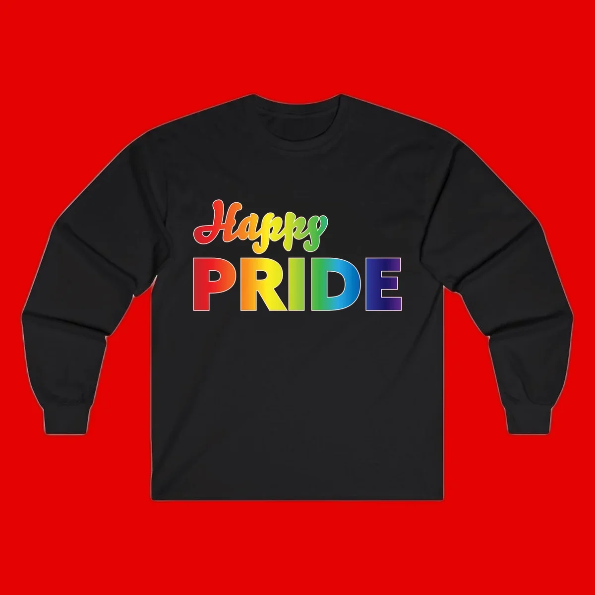 Happy pride rainbow gradient text design with colorful letters transitioning from red to purple