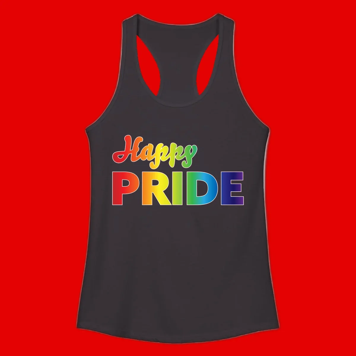 Happy pride rainbow gradient text design with colorful letters transitioning from red to purple