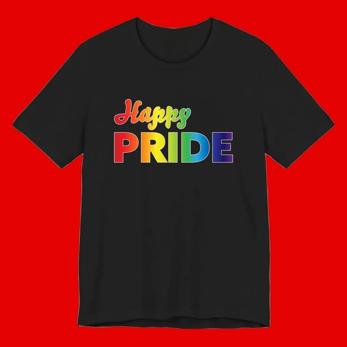 Happy pride rainbow gradient text design with colorful letters transitioning from red to purple