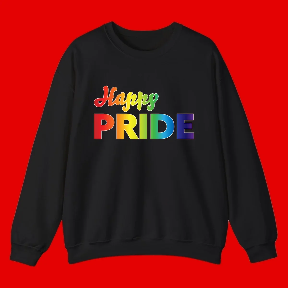 Happy pride rainbow gradient text design with colorful letters transitioning from red to purple